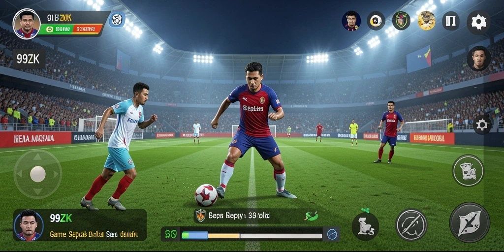 Screenshot gameplay 99ZK yang menunjukkan aksi pertandingan sepak bola.