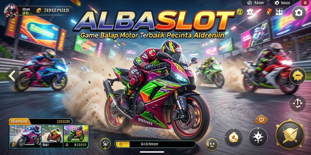 Screenshot gameplay <strong>ALBASLOT</strong> menampilkan aksi balap motor yang mendebarkan.