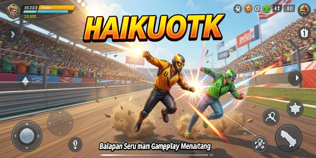 Tangkapan layar HAIKUOTK dengan aksi balapan mendebarkan di lintasan.