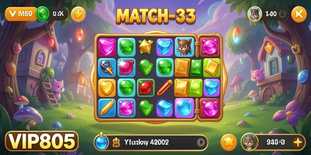 Tangkapan layar VIP805 menampilkan pengalaman gameplay Match-3 yang menarik.